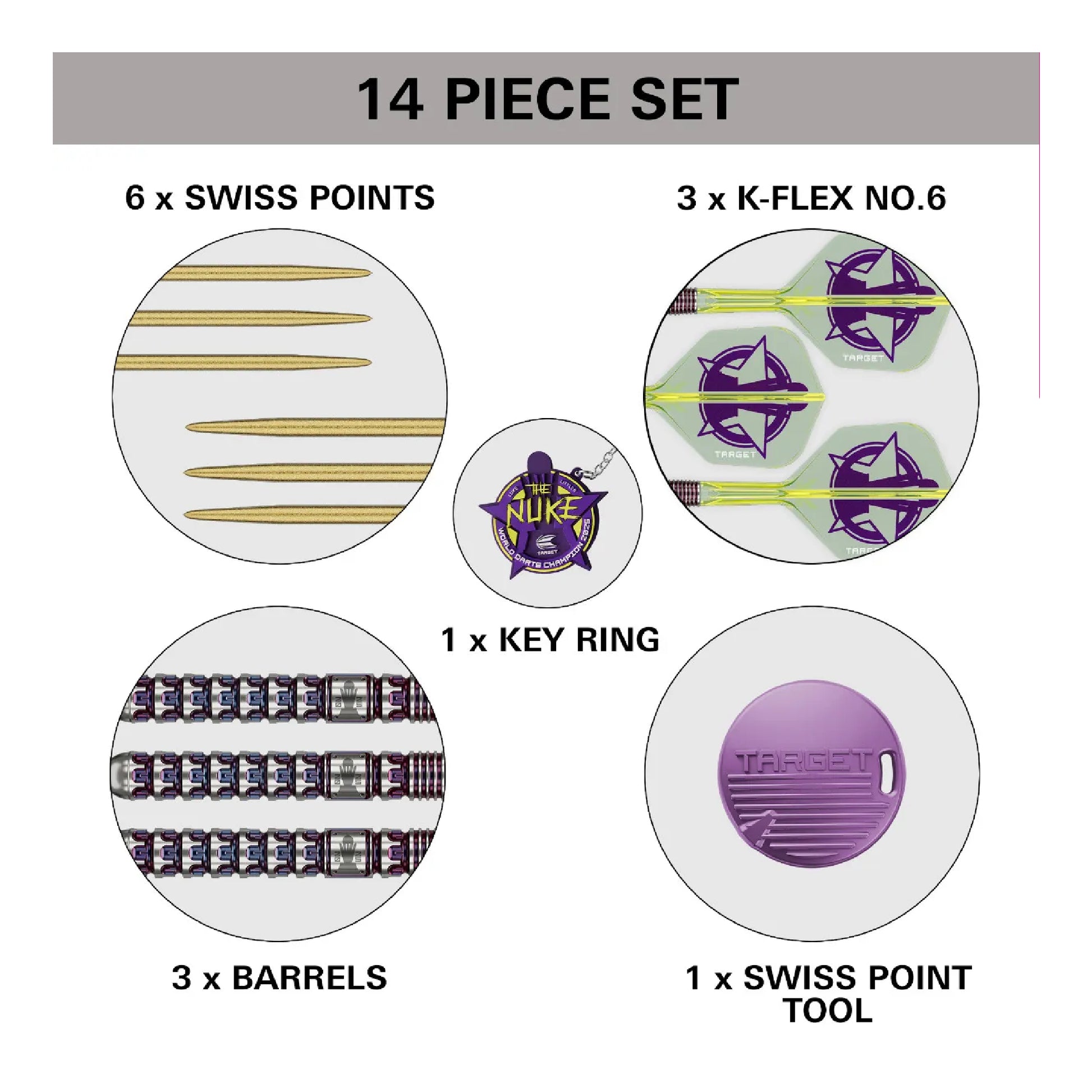 14-piece set with Swiss points, K-Flex No.6, key ring, barrels, and Swiss point tool on a white background.