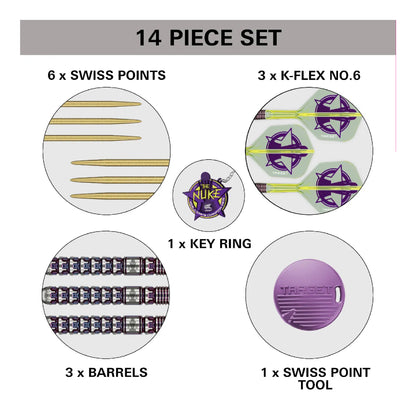 14-piece set with Swiss points, K-Flex No.6, key ring, barrels, and Swiss point tool on a white background.