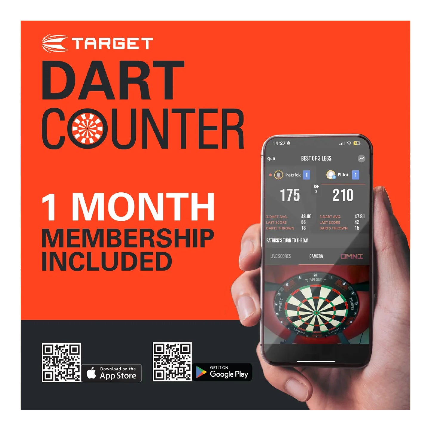 Promotional image of Target Dart Counter app with a hand holding a phone displaying the app on an orange background.
