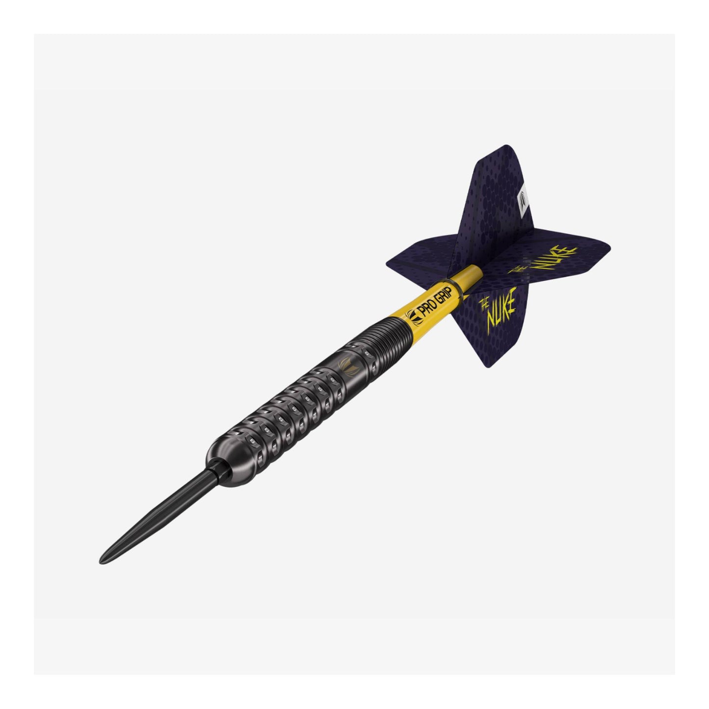 Dart with black and yellow design on a white background