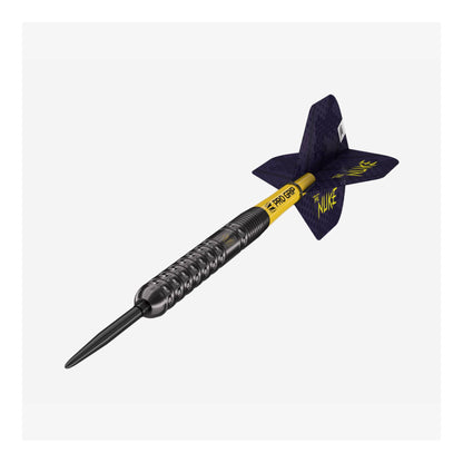 Dart with black and yellow design on a white background