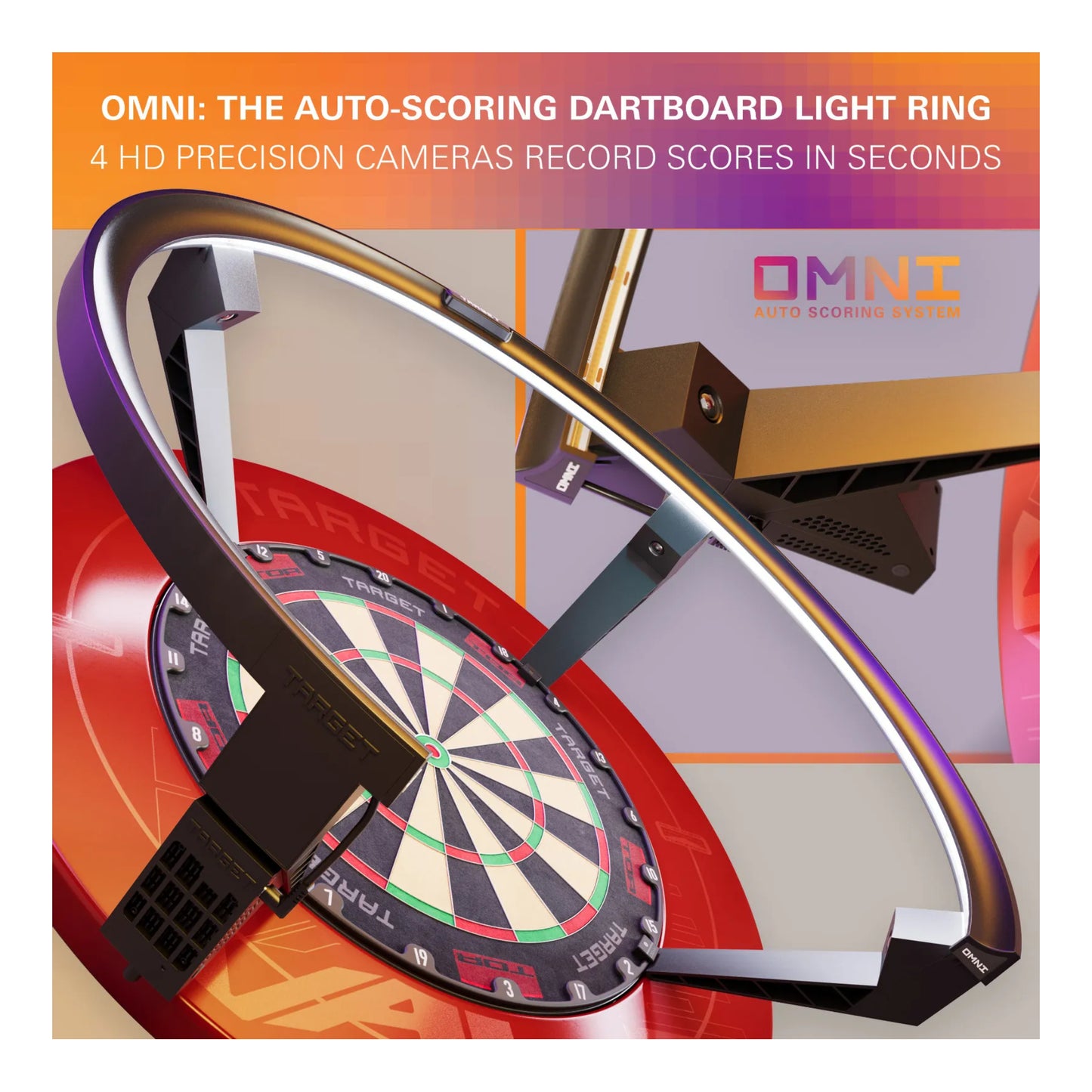 Omni auto-scoring dartboard light ring with 4 HD precision cameras mounted on a TOR target dartboard with target surround.