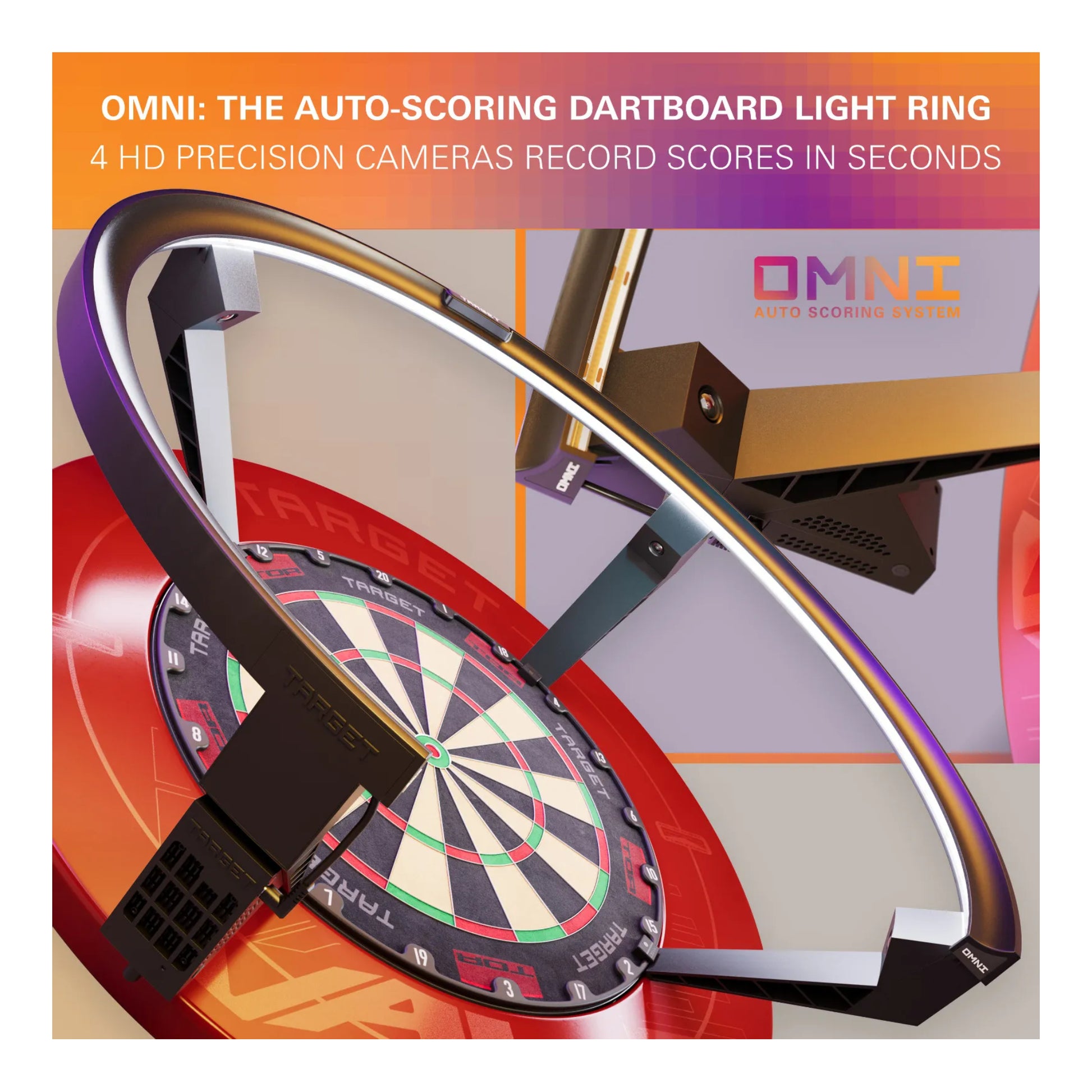 Omni auto-scoring dartboard light ring with 4 HD precision cameras mounted on a TOR target dartboard with target surround.