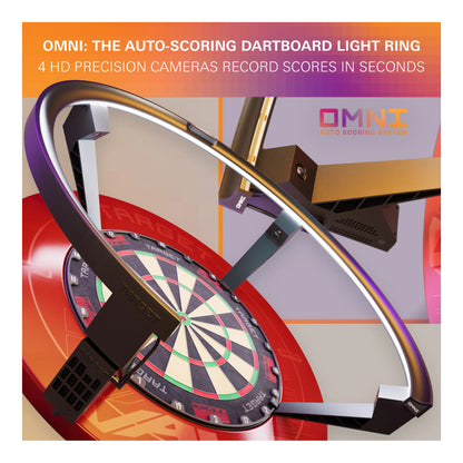 Omni auto-scoring dartboard light ring with 4 HD precision cameras mounted on a TOR target dartboard with target surround.