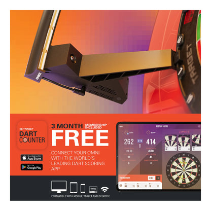 Dart counter with app interface on an orange and black background