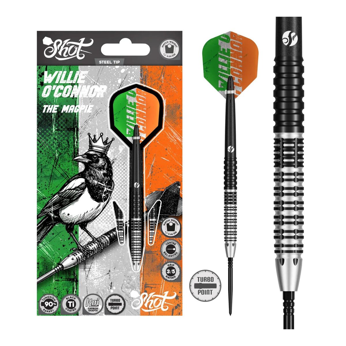 Pro Series Willie O'Connor Magpie Turbo Point Darts - 90% Tungsten