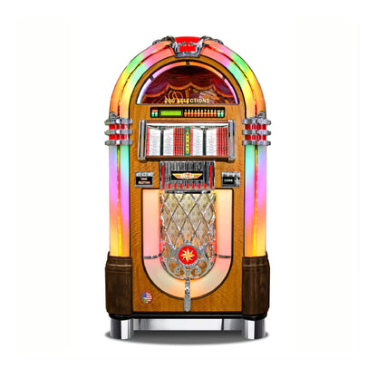 Vintage-style jukebox with colorful arch and wooden design on a white background