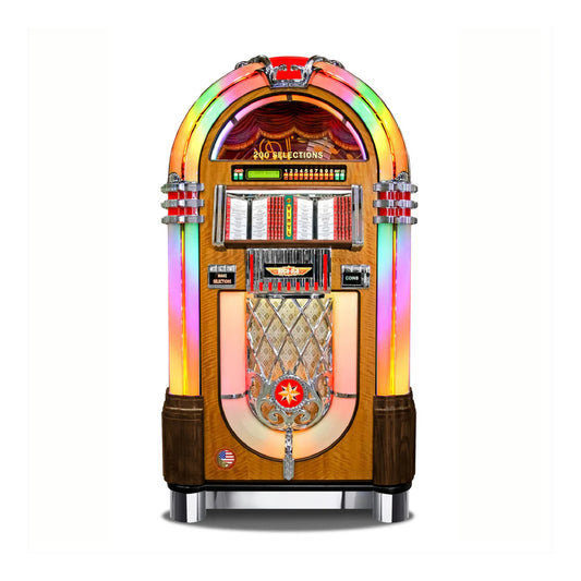 Vintage-style jukebox with colorful arch and wooden design on a white background