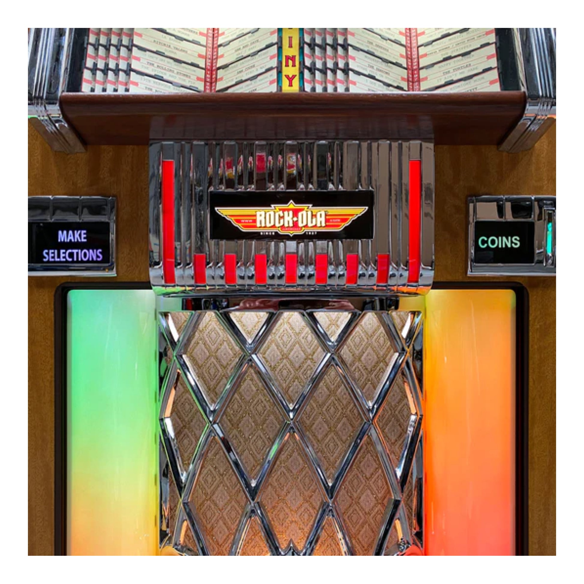 Vintage-style jukebox with 'Rock-Ola' branding and coin slot.
