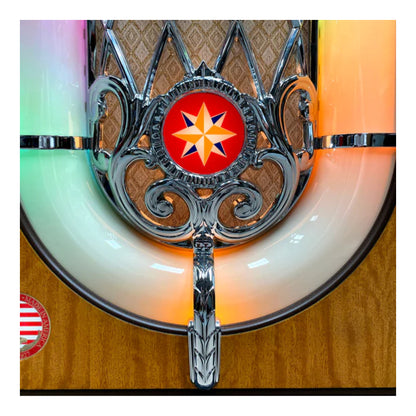 Decorative metal wall piece with star design on a wooden background