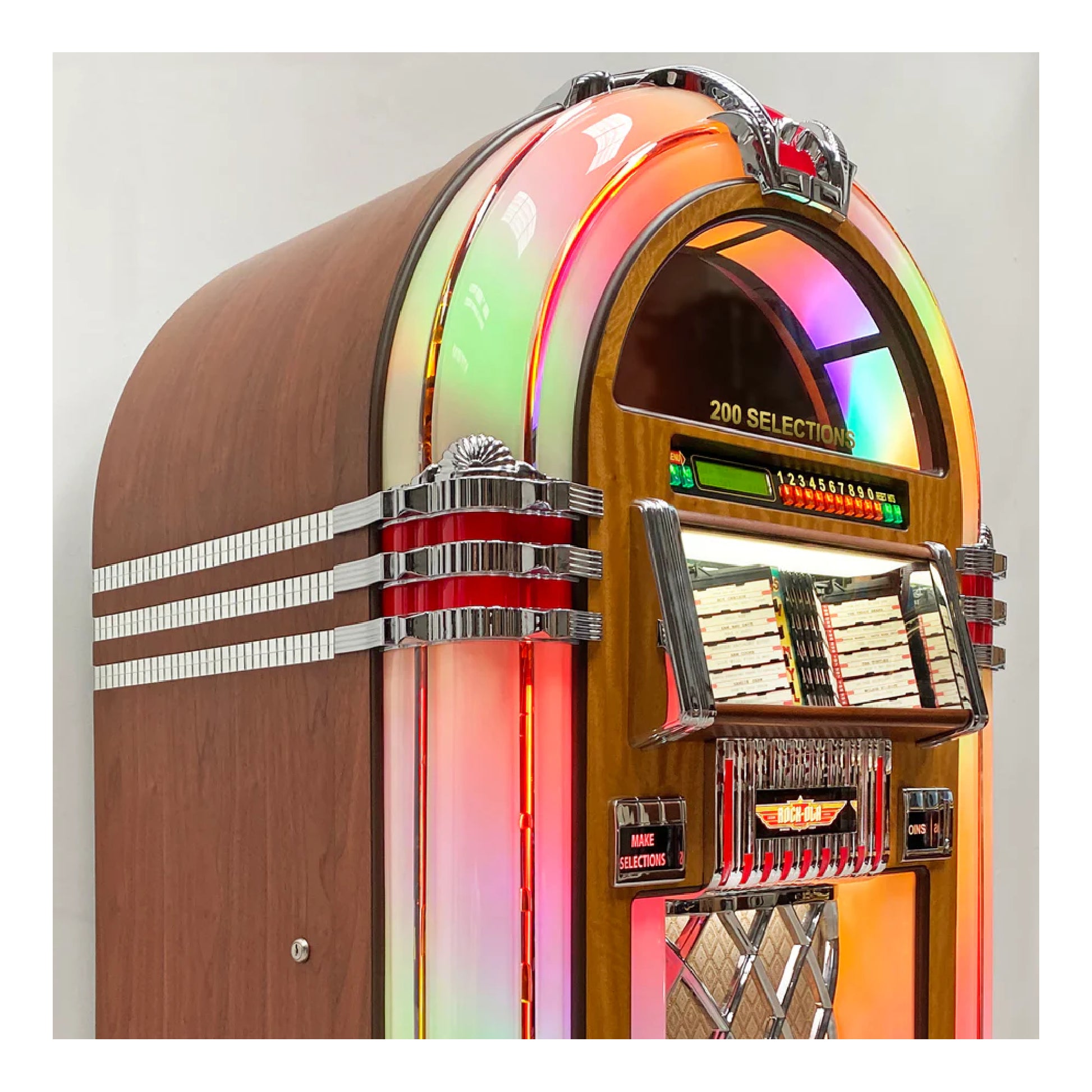 Vintage-style jukebox with wooden finish and colorful interior on a white background