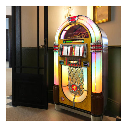 Vintage-style jukebox with colorful lights in a room setting