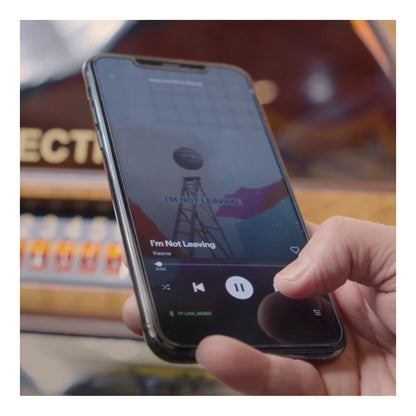 Hand holding a smartphone with a music app playing 'I'm Not Leaving' by Kane, with a blurred background.