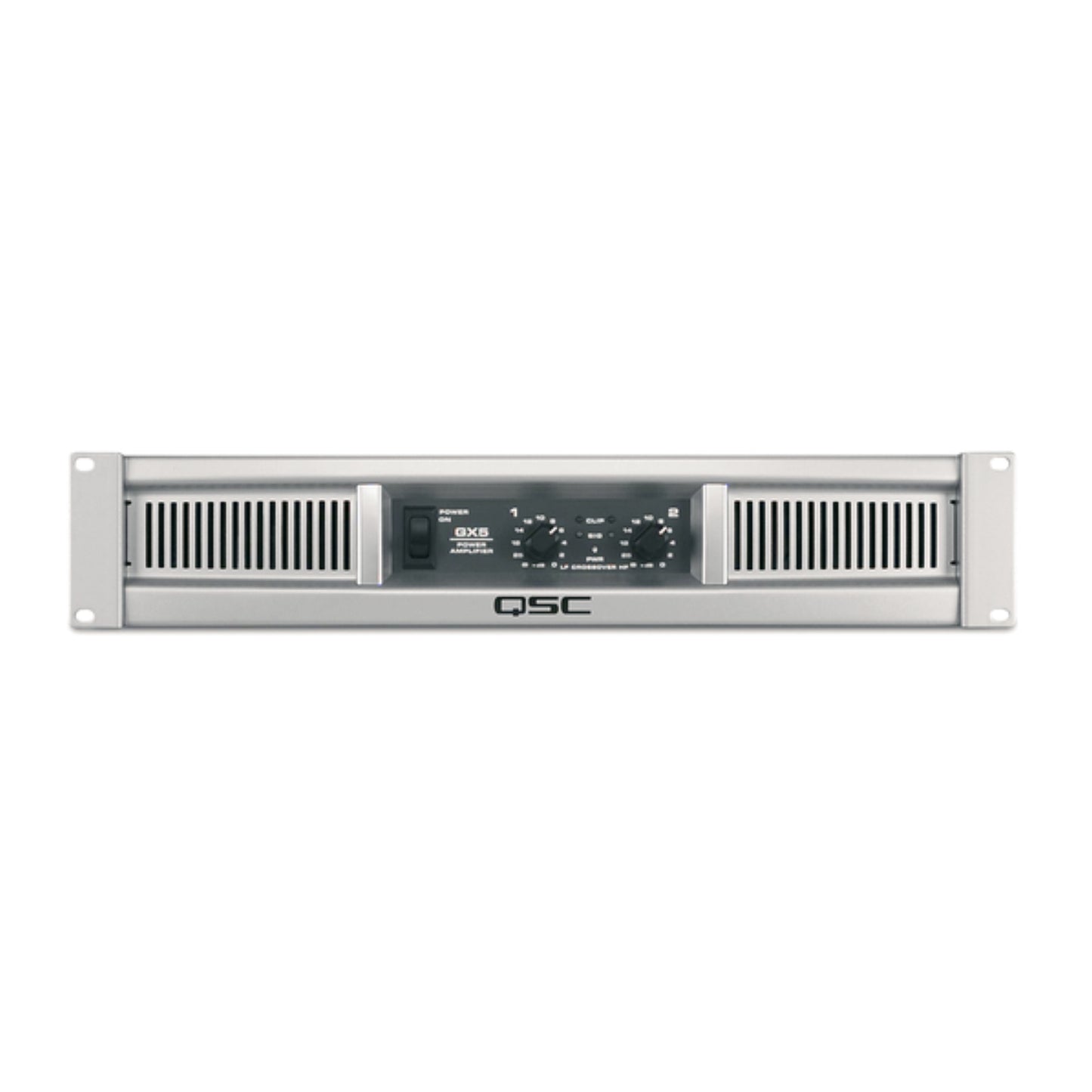 QSC audio amplifier on a white background