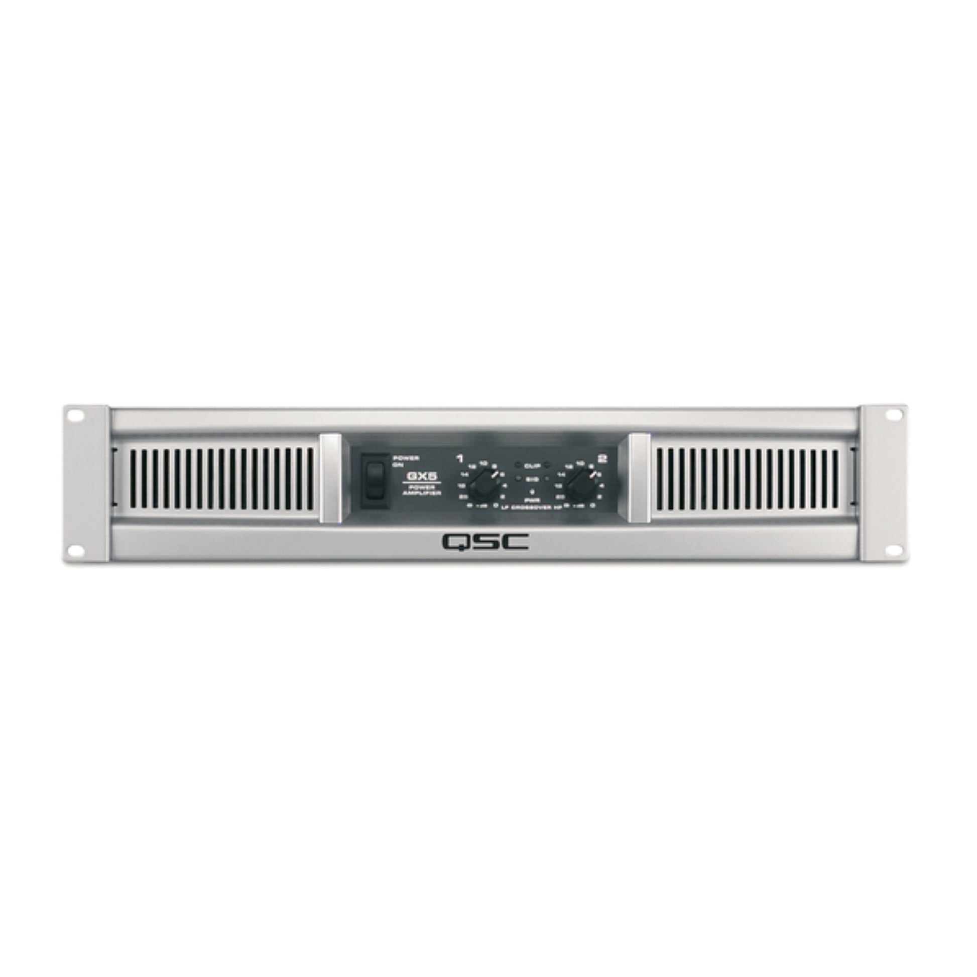 QSC audio amplifier on a white background