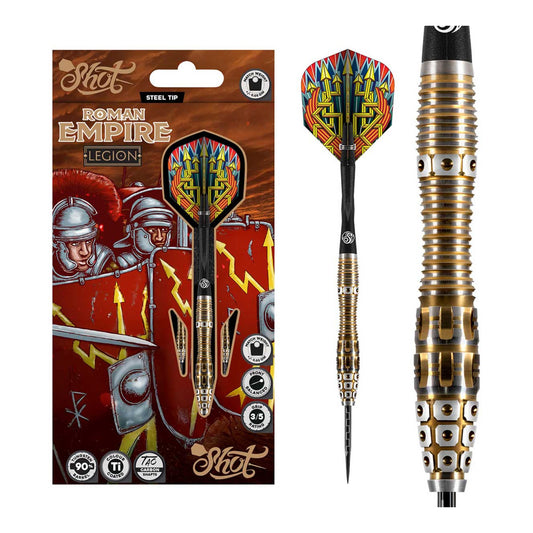 Shot Roman Empire Legion steel tip darts set showing gold titanium coating and tungsten barrels