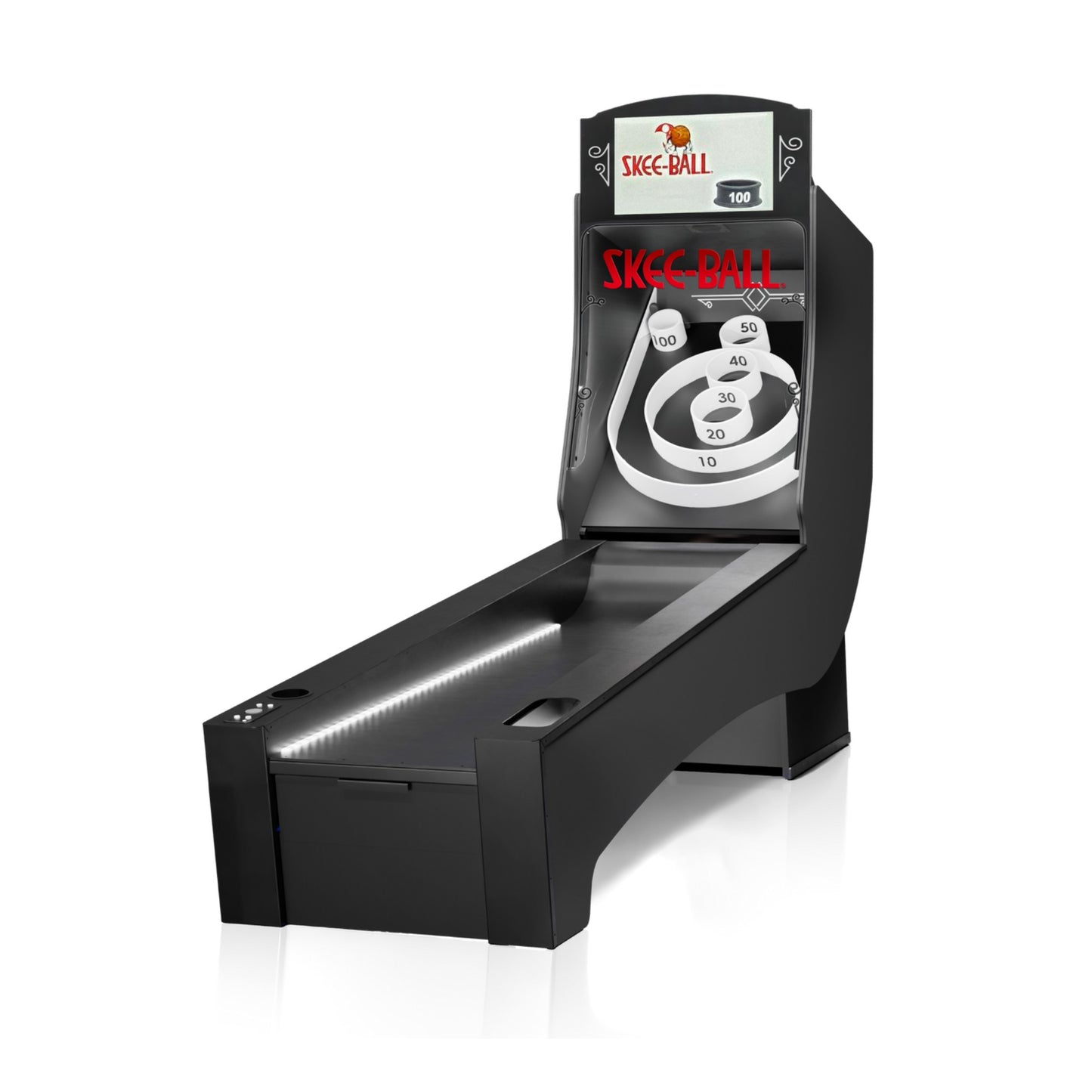 Left angled view of the white Skee-Ball Home Arcade Prestige machine highlighting the 10-foot alley.