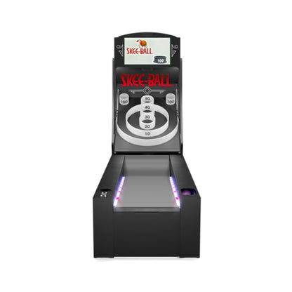 Front view of the Skee-Ball Prestige arcade machine showing the illuminated playfield and target rings.