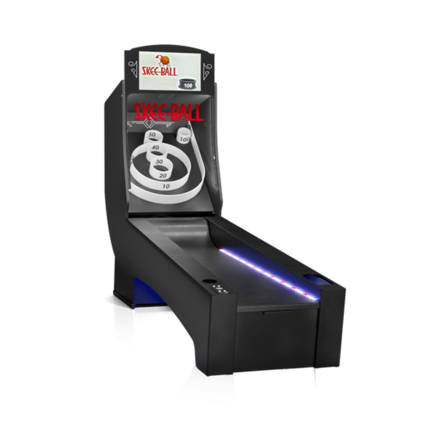Right profile of the Skee-Ball Prestige showing the automatic ball collection and return system.