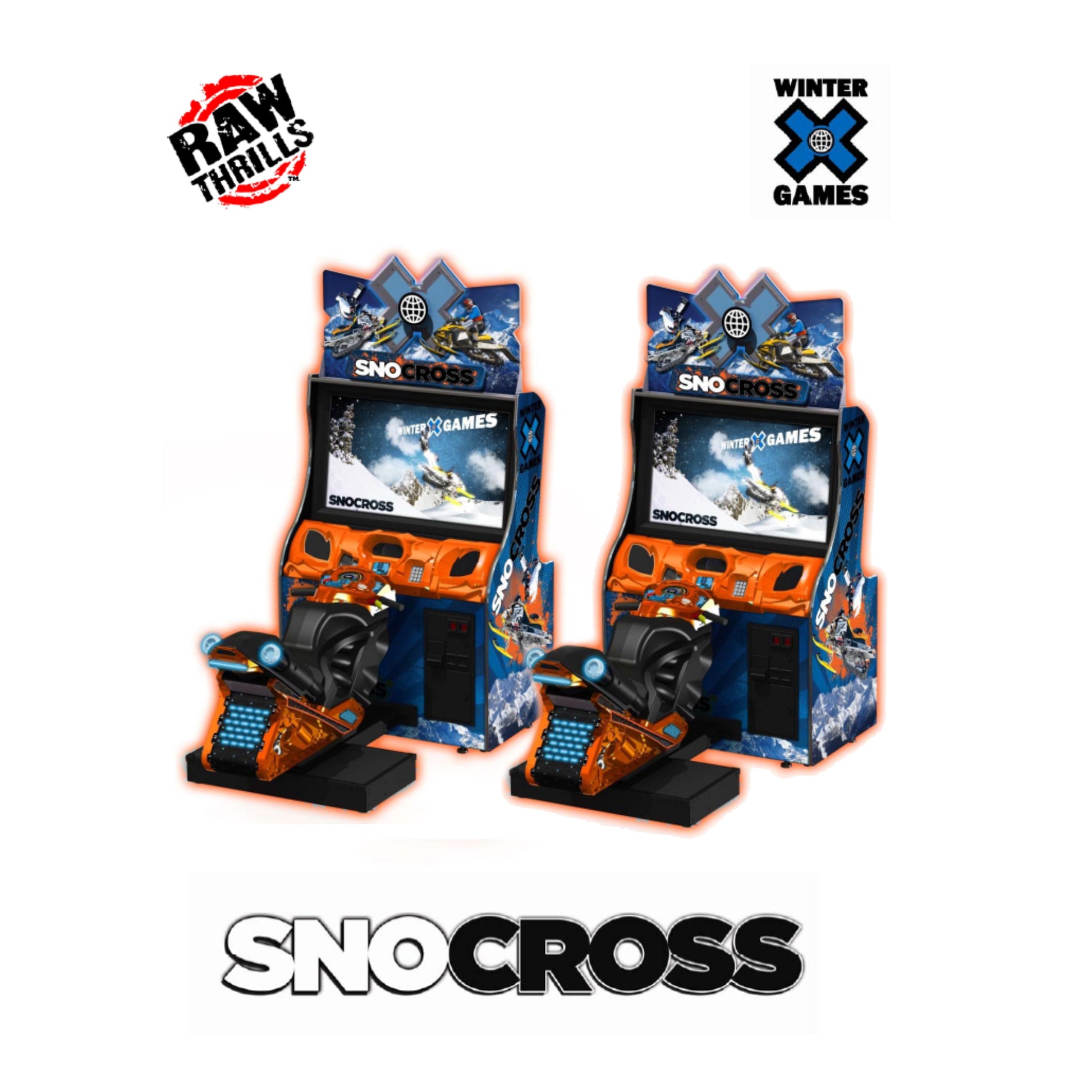 Two SNOCROSS arcade machines with Raw Thrills and Winter X Games branding on a white background.