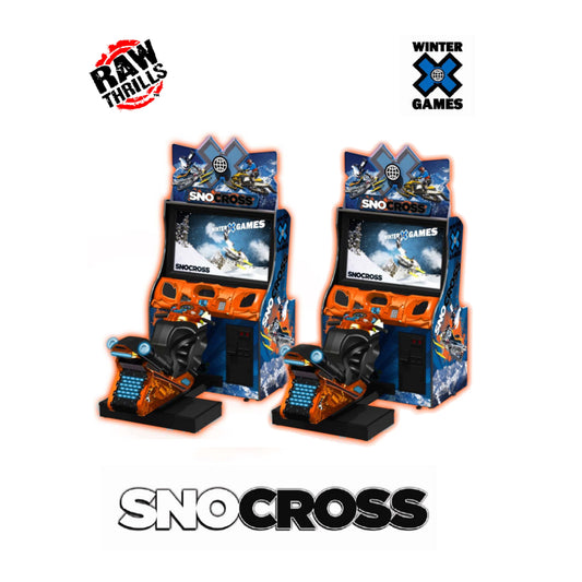 Two SNOCROSS arcade machines with Raw Thrills and Winter X Games branding on a white background.