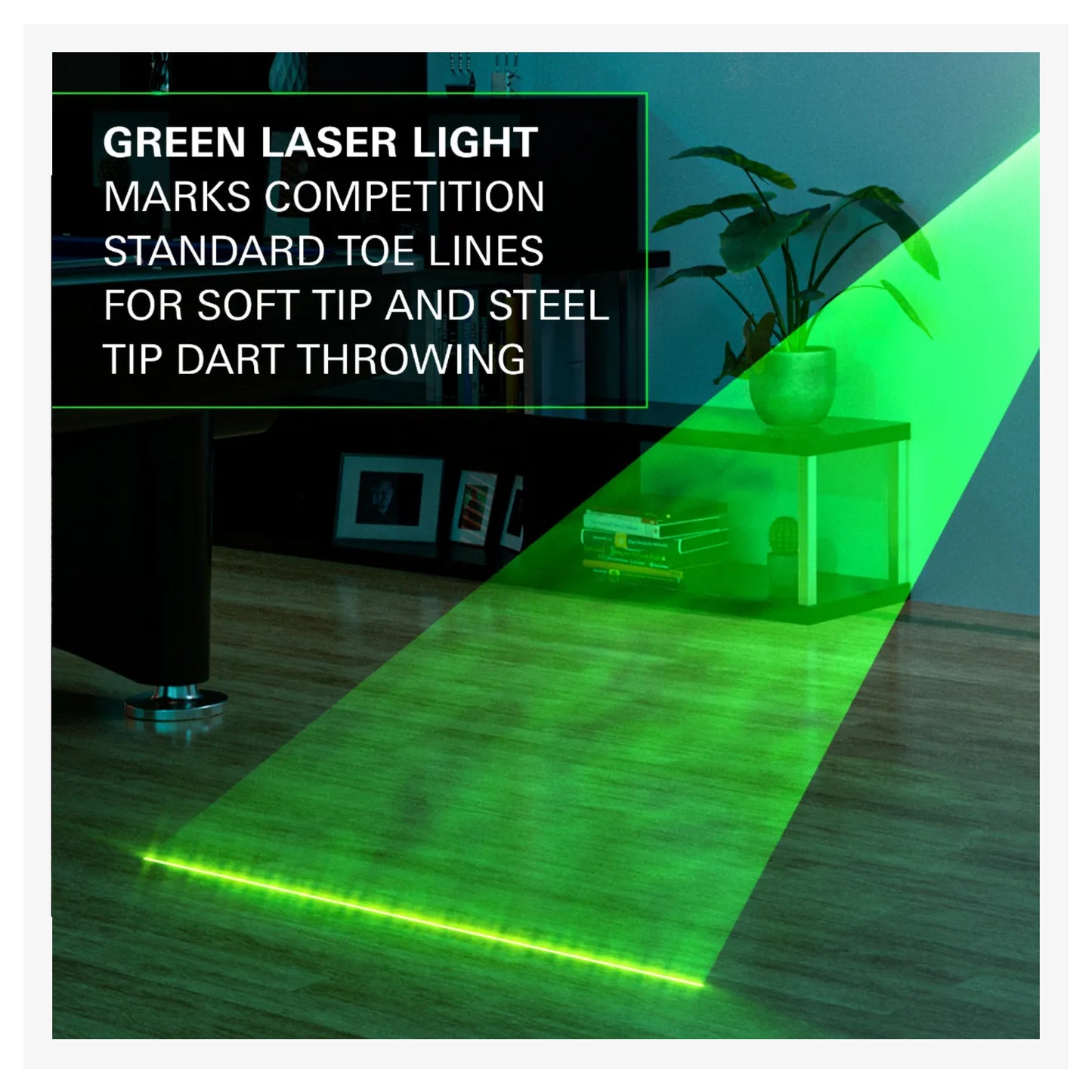 Green laser light marking a path on a wooden floor with text about dart throwing.