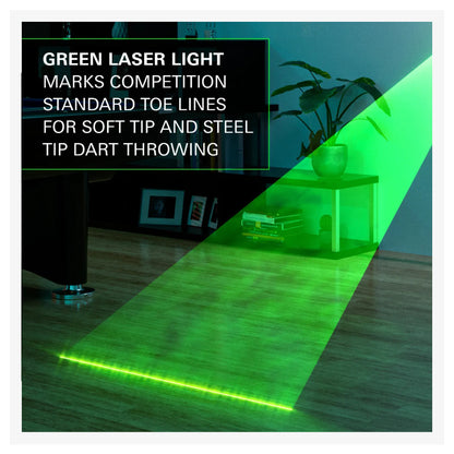 Green laser light marking a path on a wooden floor with text about dart throwing.