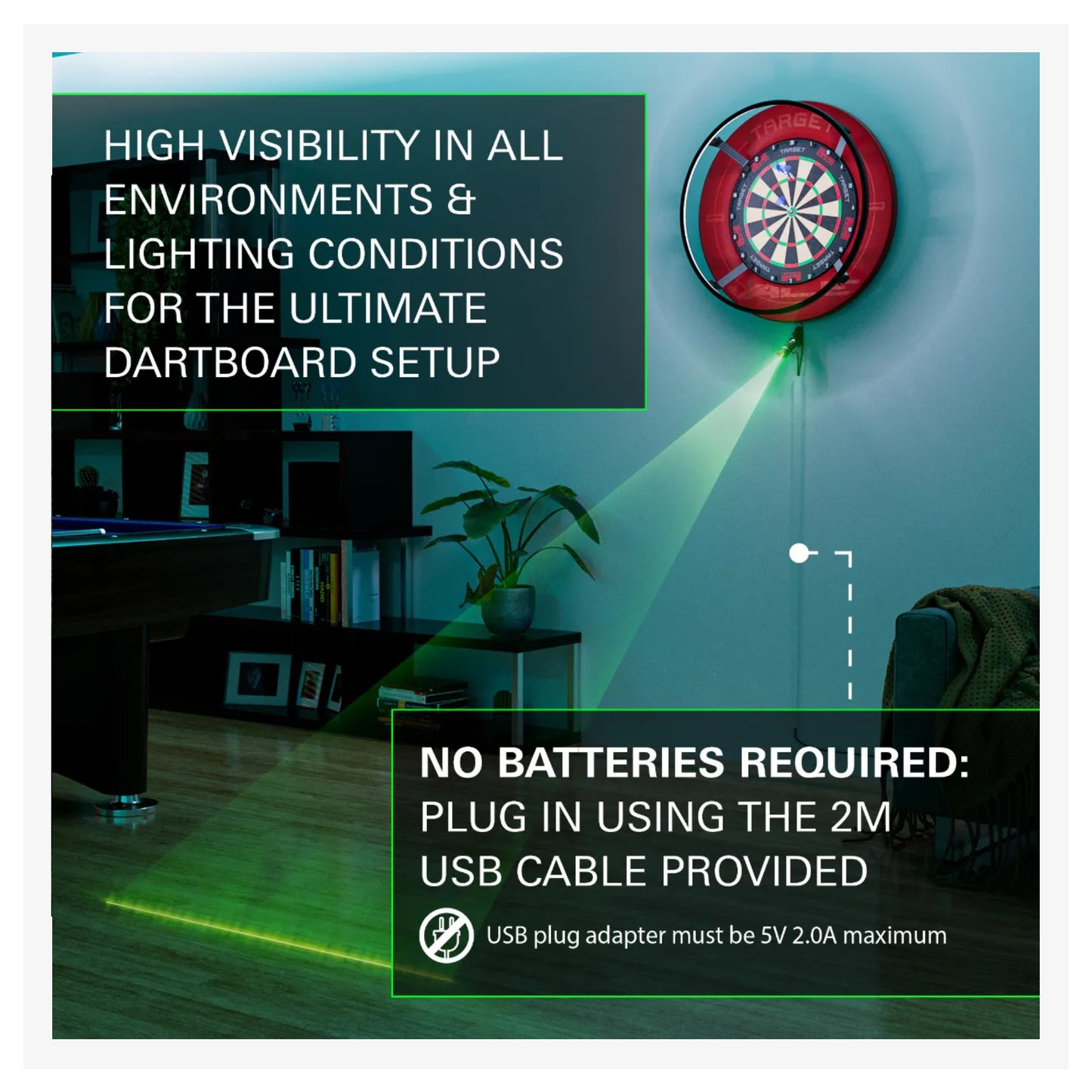 Dartboard with USB cable setup in a room setting, highlighting visibility and battery-free operation.