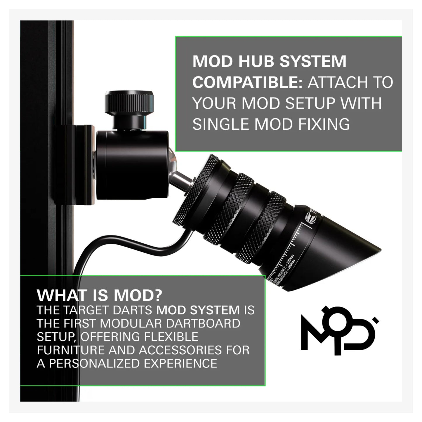 Mod hub system attachment with text explaining compatibility and features on a white background