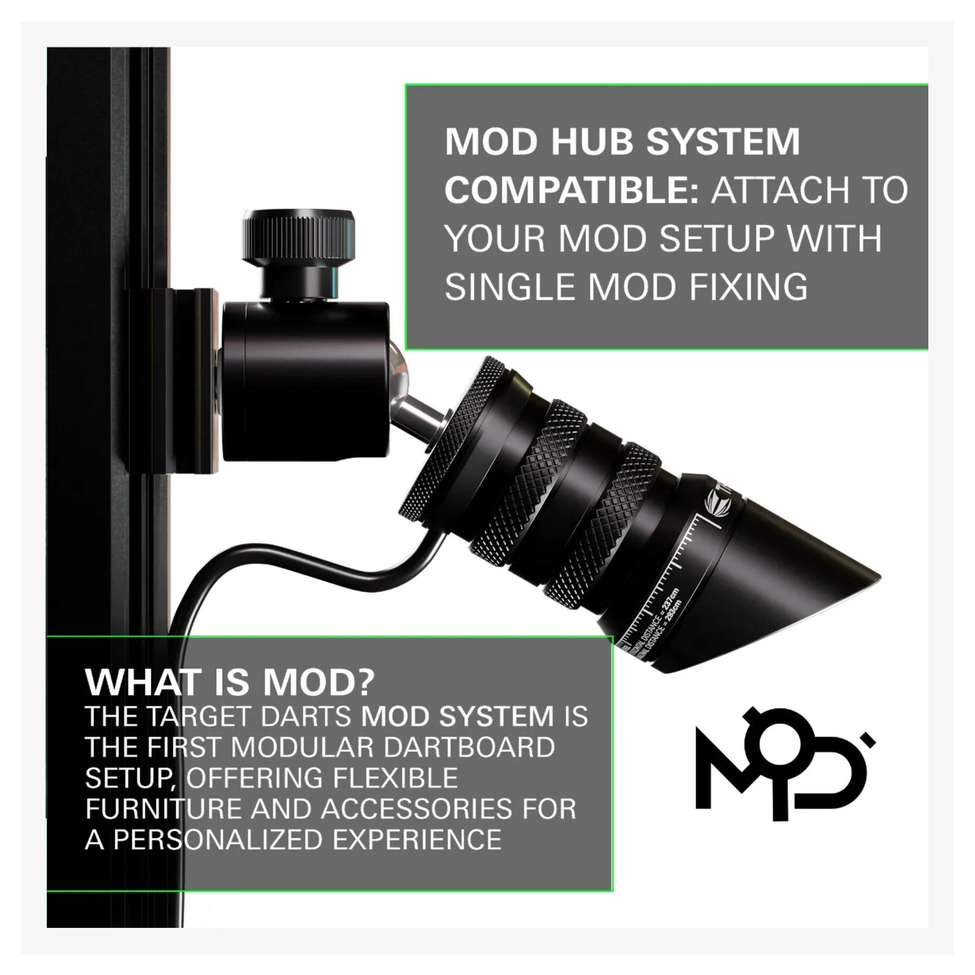 Mod hub system attachment with text explaining compatibility and features on a white background