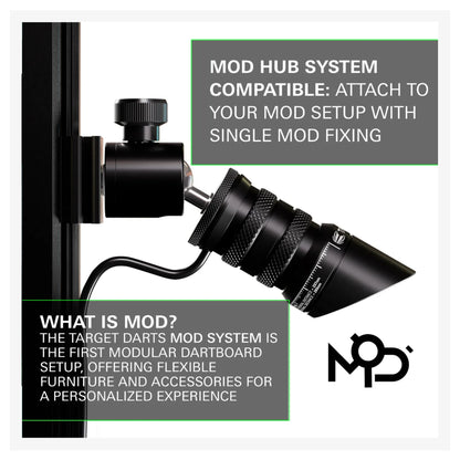Mod hub system attachment with text explaining compatibility and features on a white background