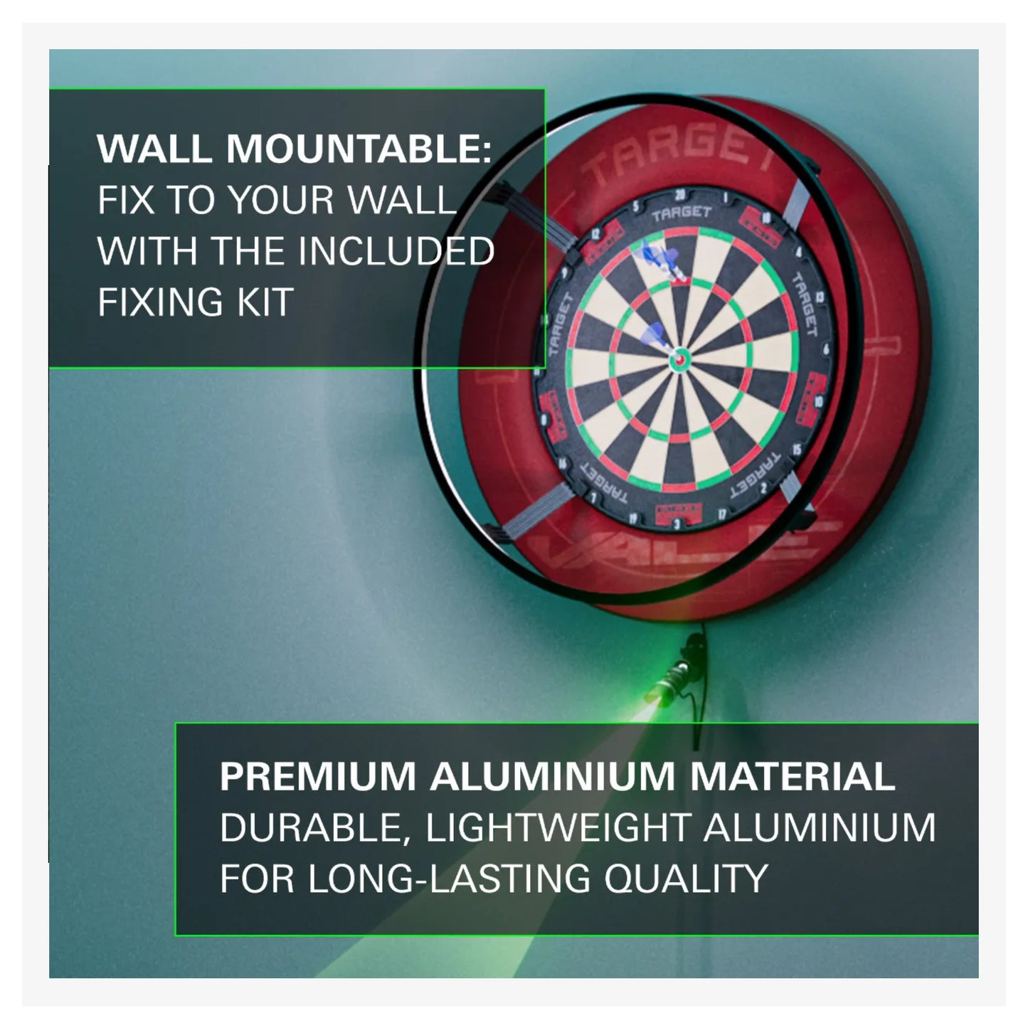 Red dartboard with mounting instructions on a blue background