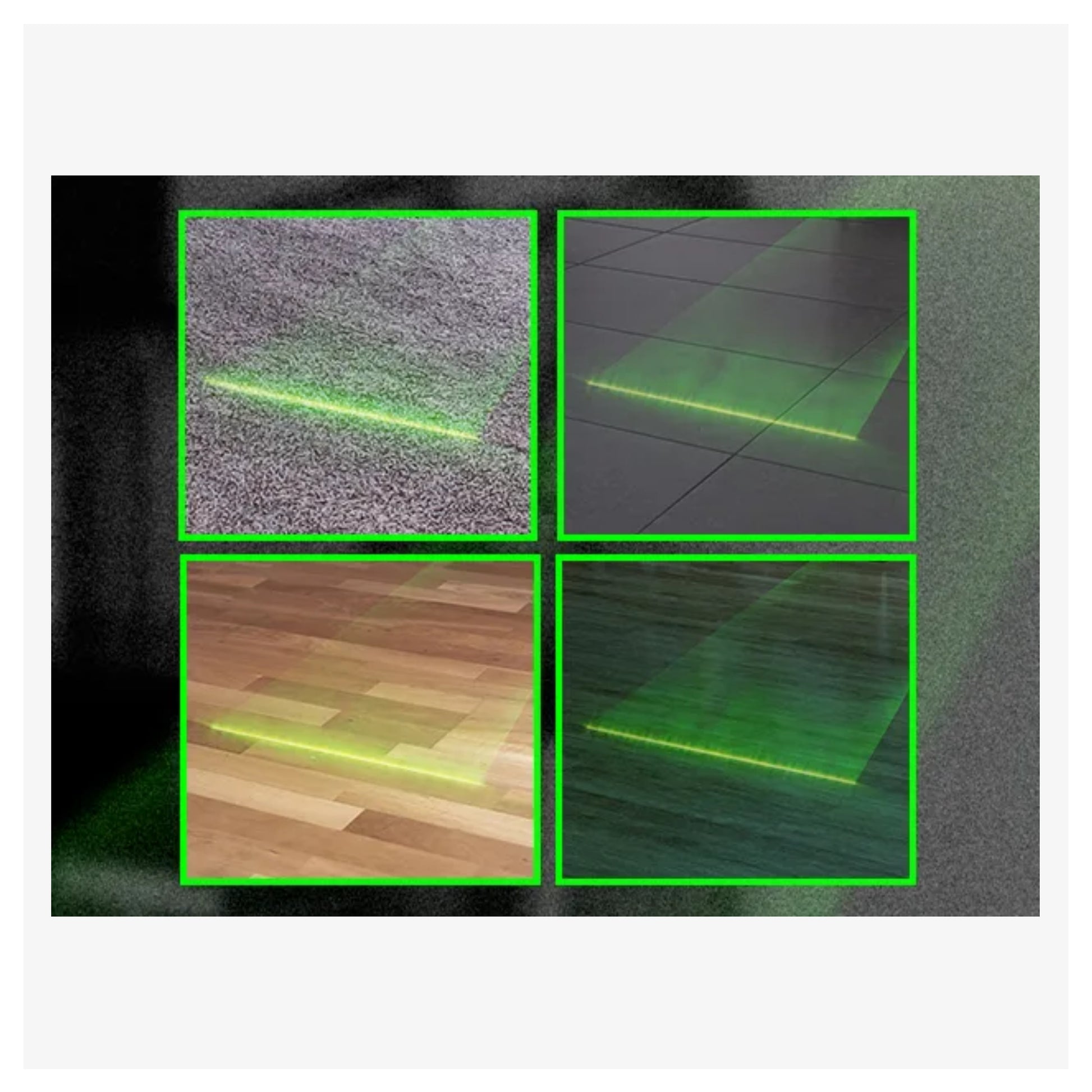 Four different flooring textures with a green line indicating a detection or measurement tool.