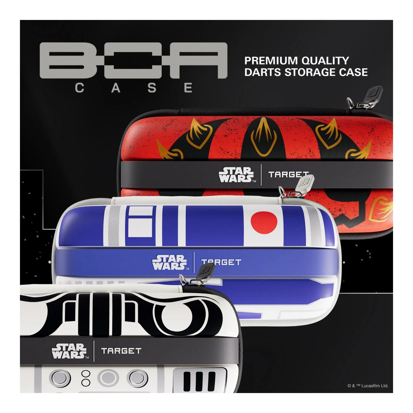 The Darth Maul Boa case shown at an angle, highlighting its rigid shell and red detailing.