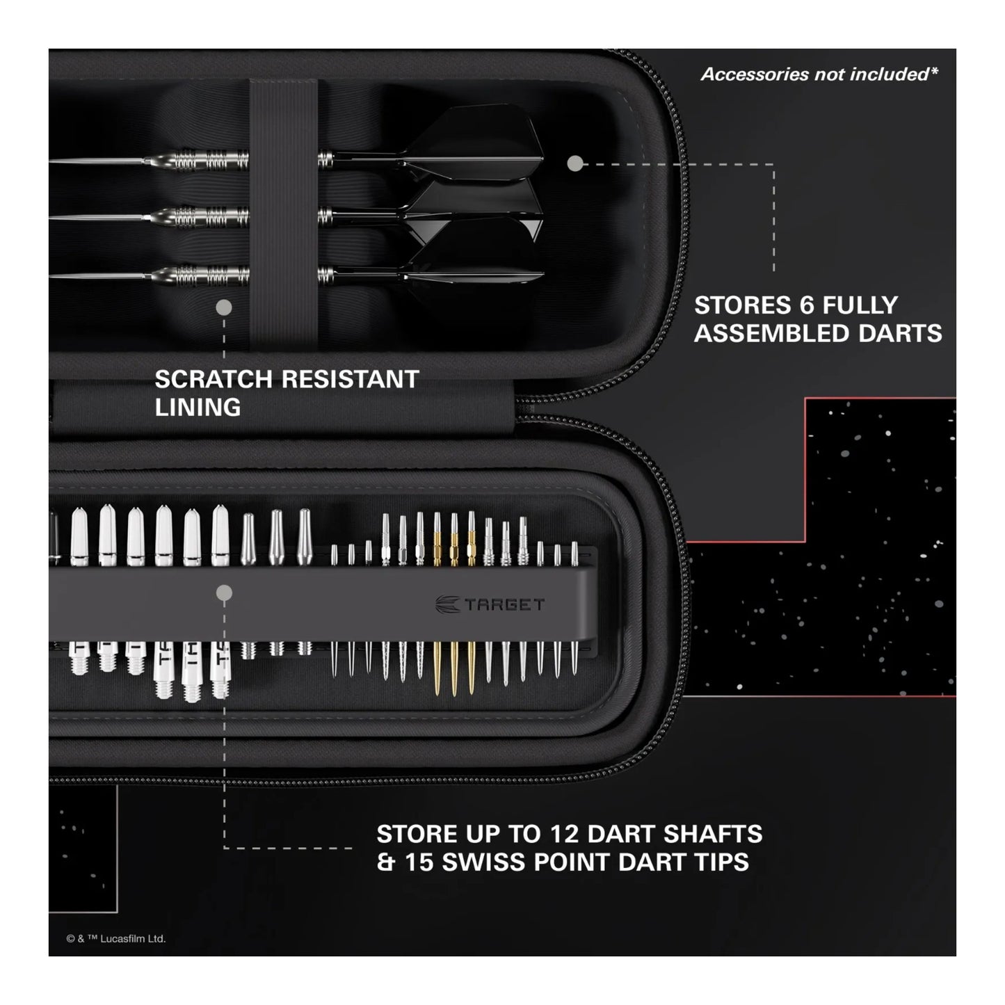 Black dart case with compartments for darts and shafts, featuring Target branding.