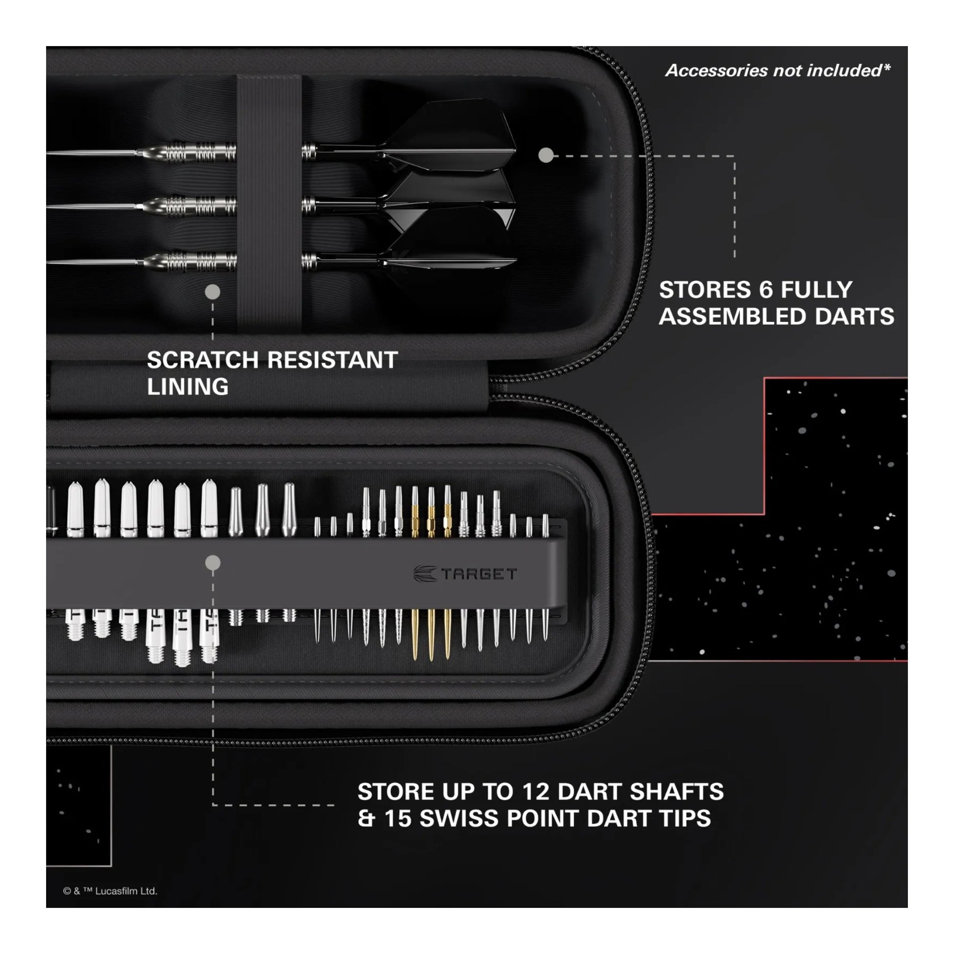 Black dart case with compartments for darts and shafts, featuring Target branding.