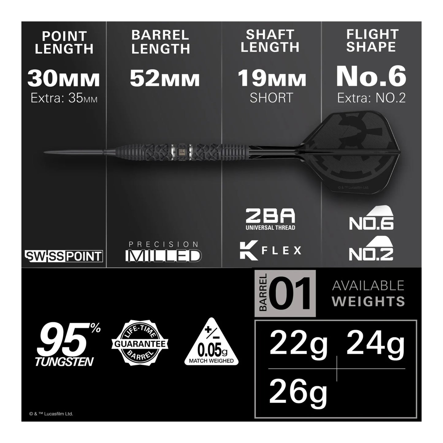 A close-up of the 95% tungsten barrel, highlighting the laser-engraved Darth Vader detailing and black Swiss Storm Point.