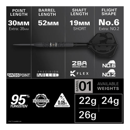 A close-up of the 95% tungsten barrel, highlighting the laser-engraved Darth Vader detailing and black Swiss Storm Point.