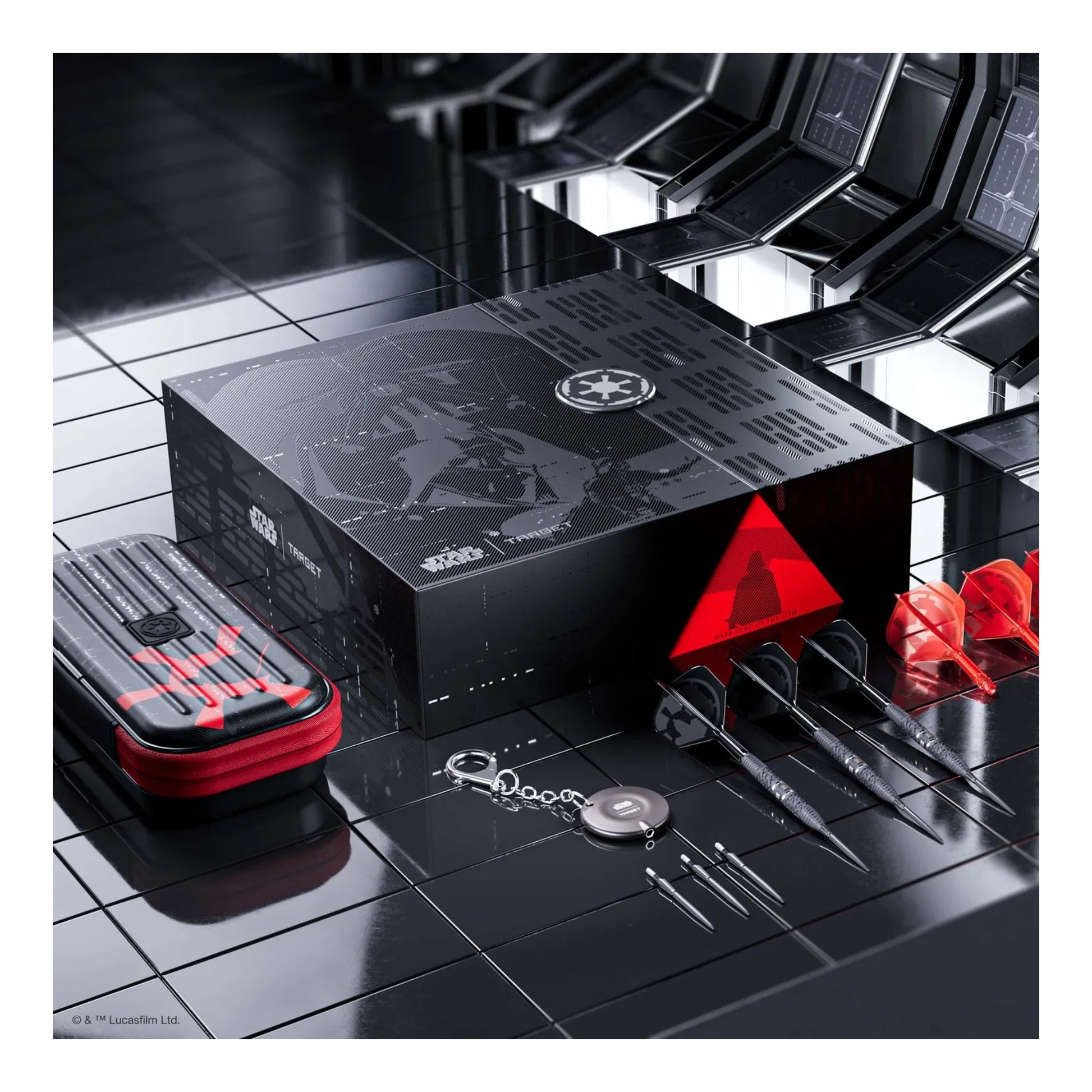 The official Star Wars and Target Darts branded packaging for the Darth Vader limited edition 95% tungsten dart set.