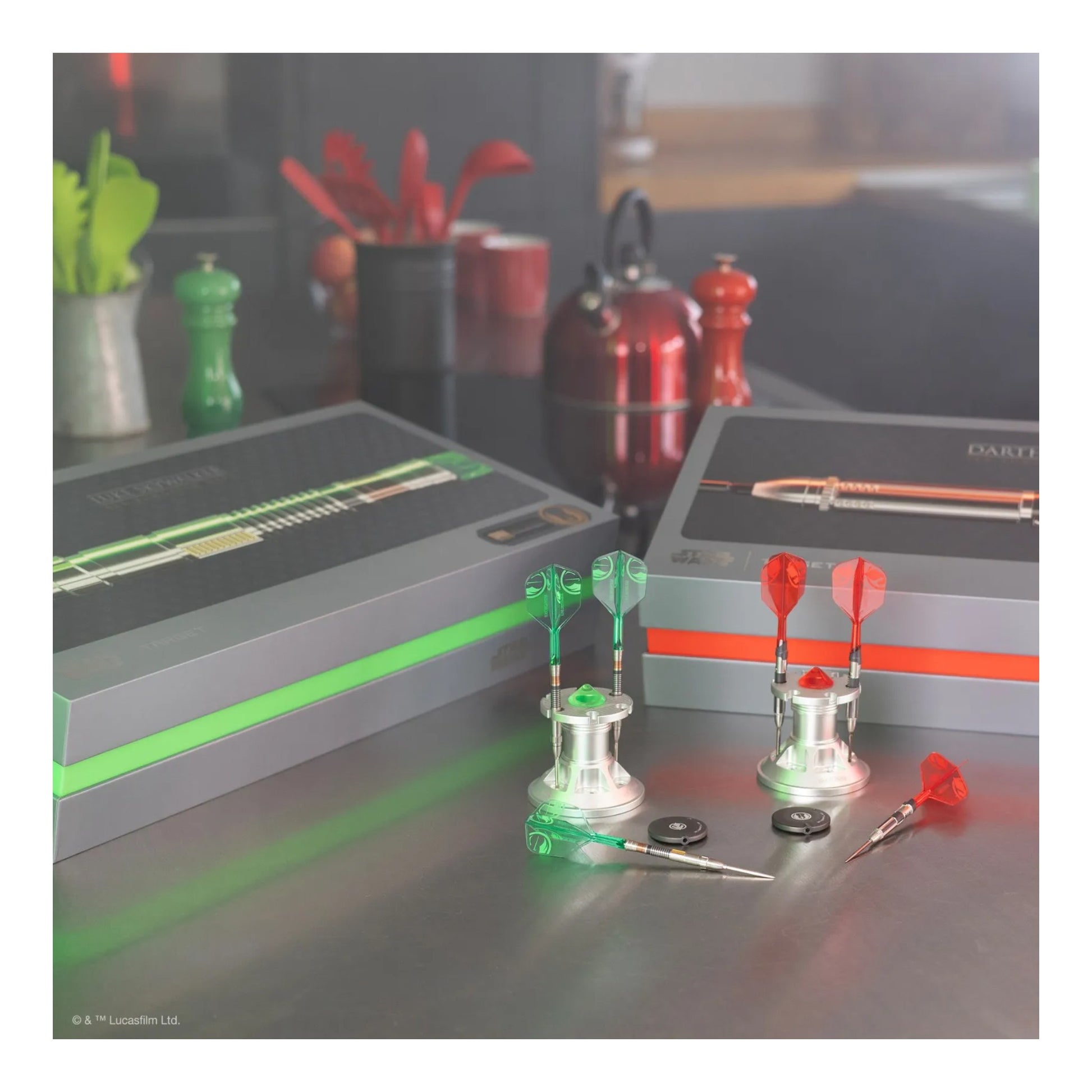 The official Star Wars Luke Skywalker Lightsaber First Edition 95% Tungsten Dart by Target, on its display stand.