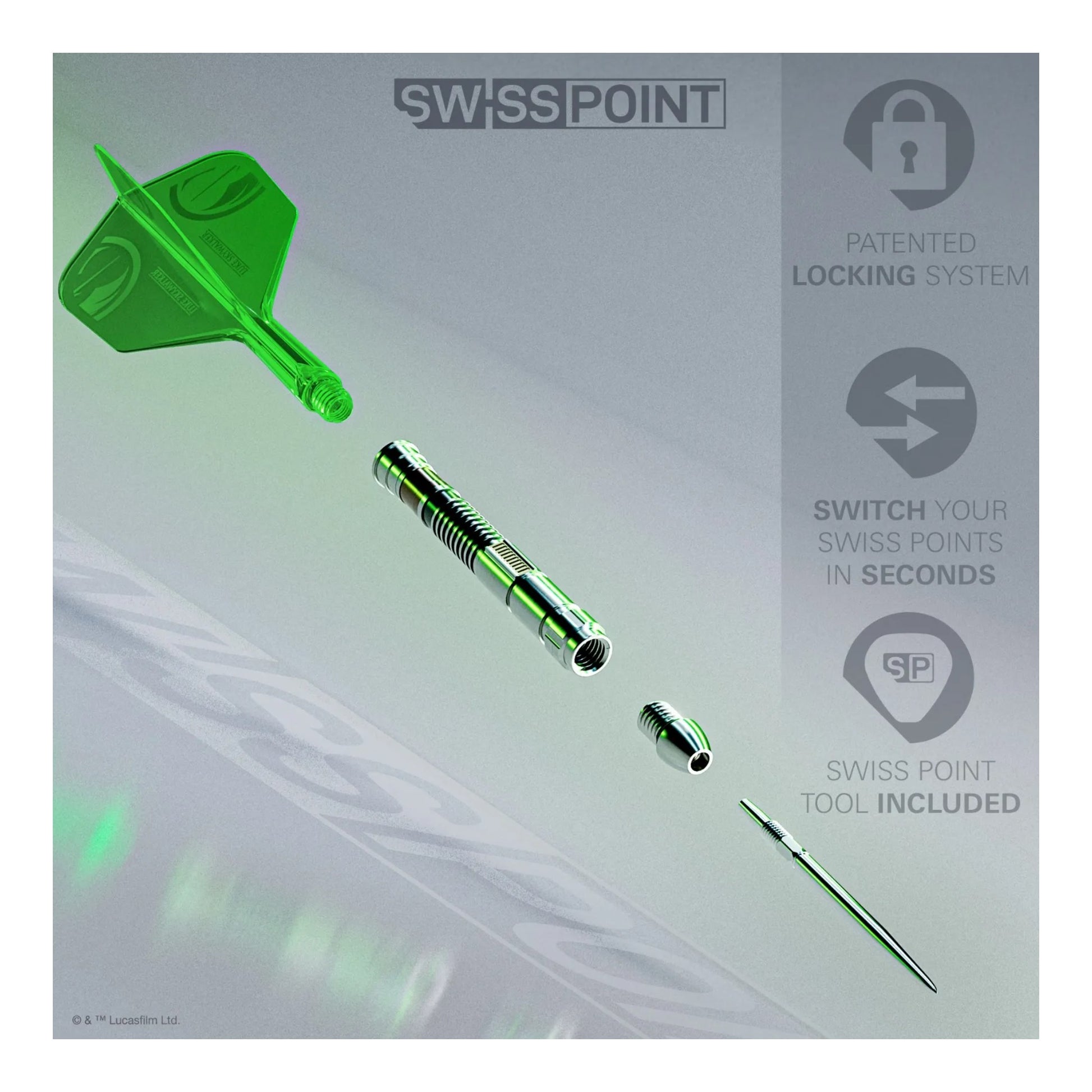 The complete Luke Skywalker dart setup with the translucent green No.6 K-Flex integrated flight and shaft.