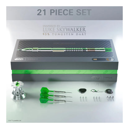 The complete collector's set contents, including the darts, display stand, all accessories, and the premium packaging.