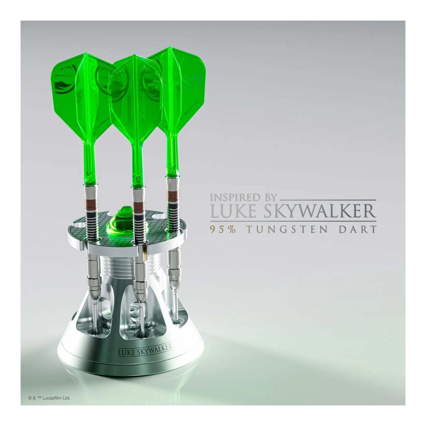 The set of three darts displayed vertically in the premium collector's stand.