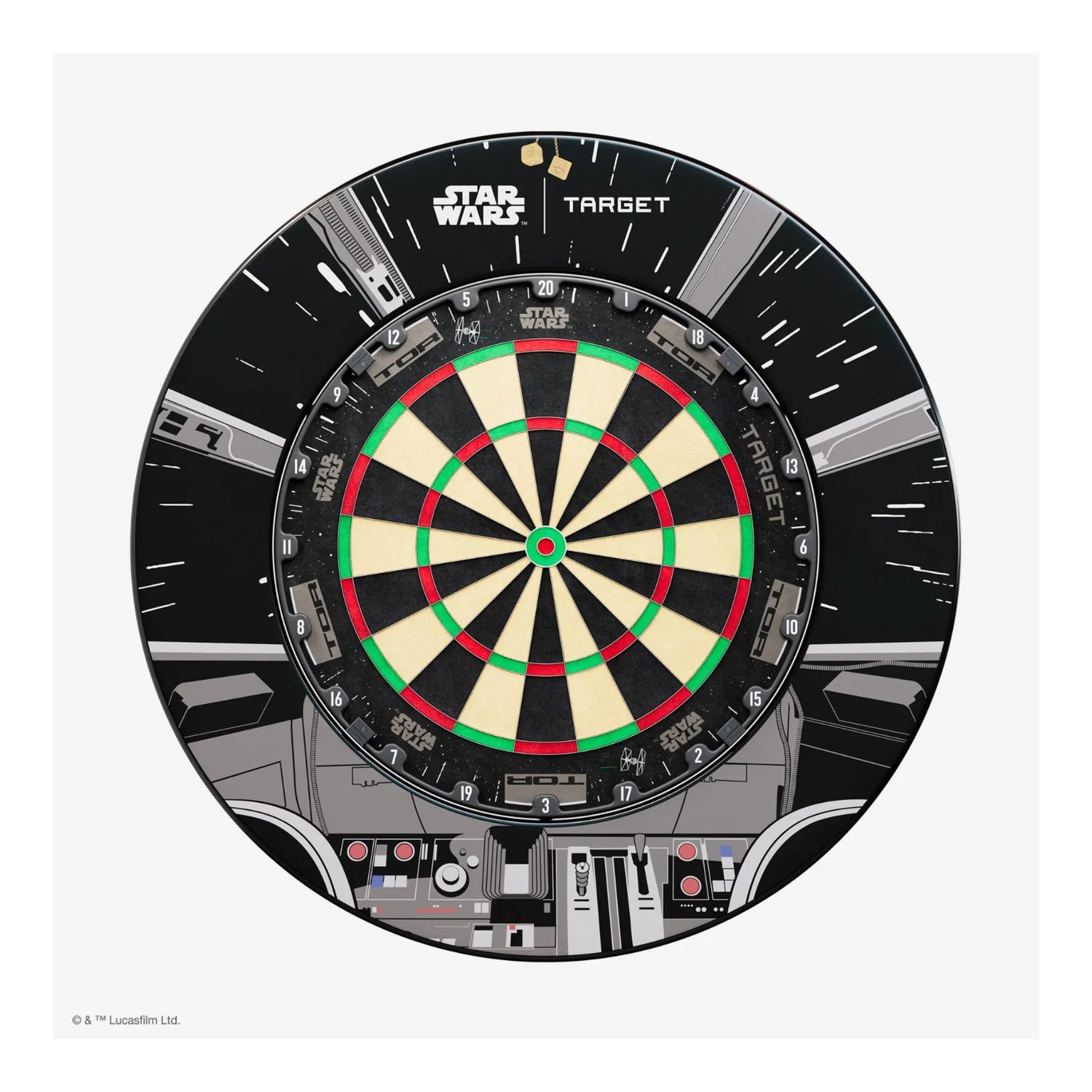 The official Star Wars Millennium Falcon Pro Dartboard and Surround Bundle, showing the board and cockpit-themed surround.