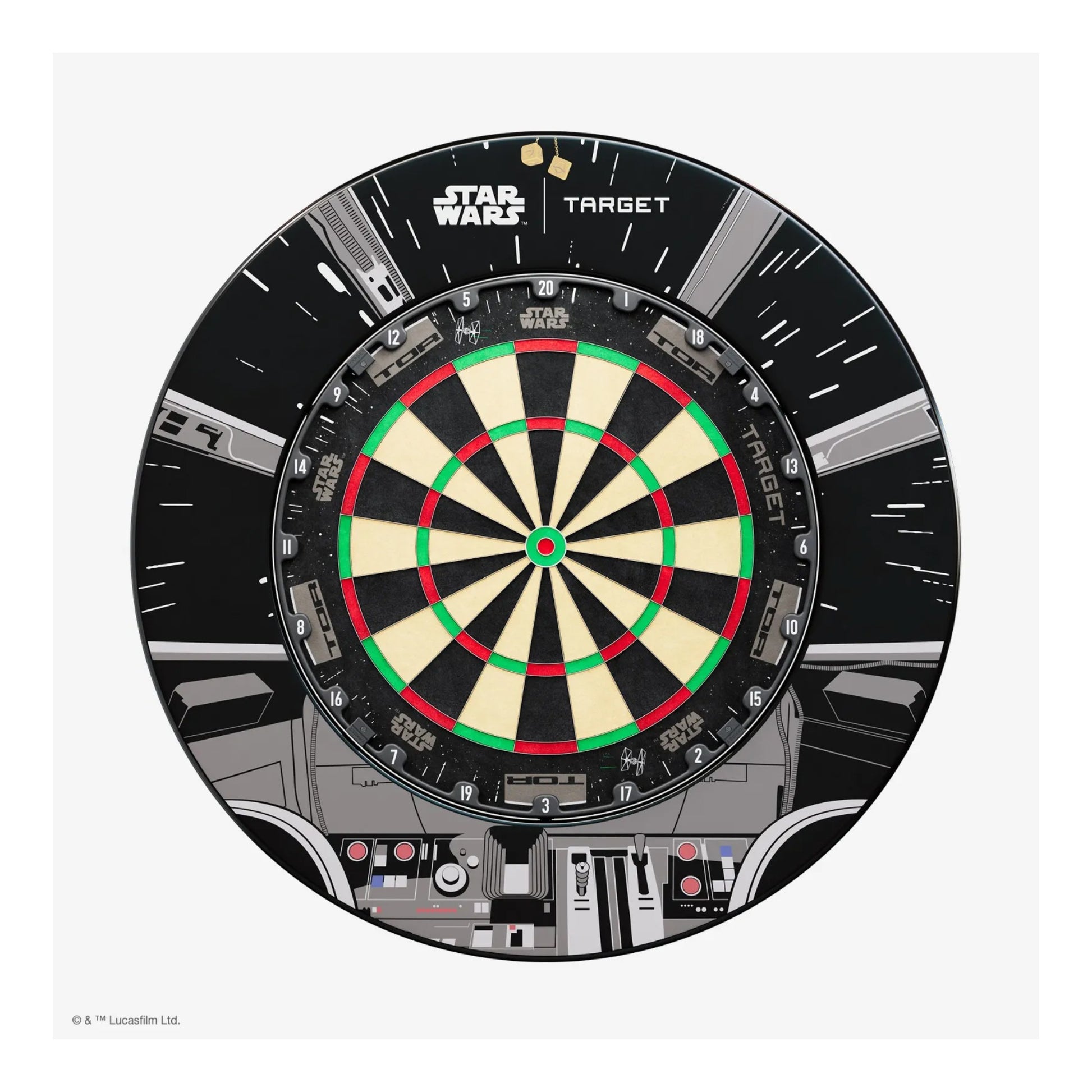 The official Star Wars Millennium Falcon Pro Dartboard and Surround Bundle, showing the board and cockpit-themed surround.