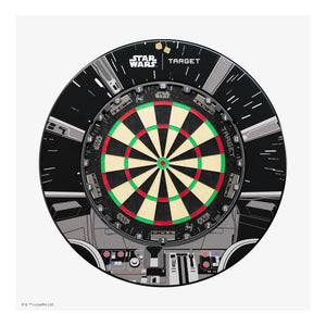 The official Star Wars Millennium Falcon Pro Dartboard and Surround Bundle, showing the board and cockpit-themed surround.