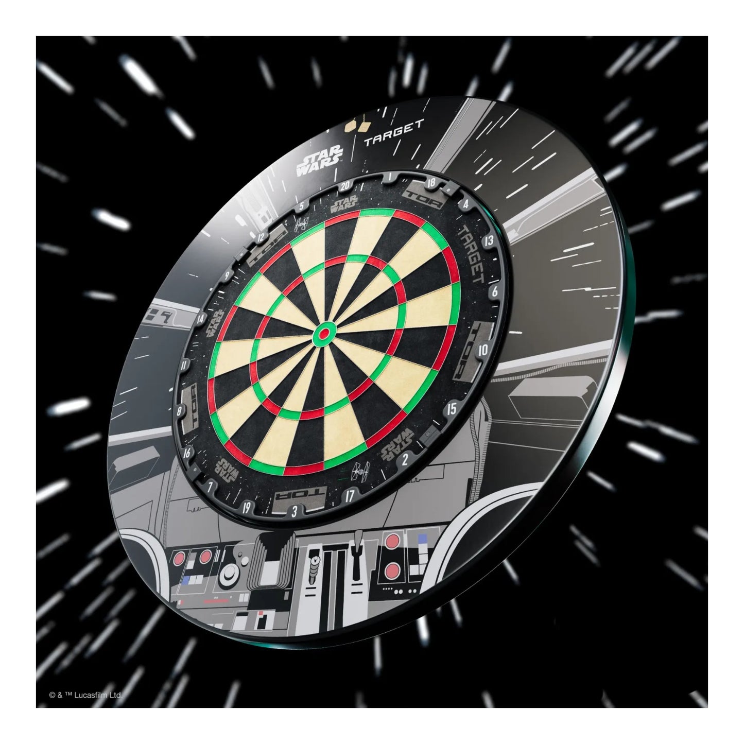 A close-up of the TOR dartboard, showing the ultra-thin wires and premium sisal, with the Falcon surround.