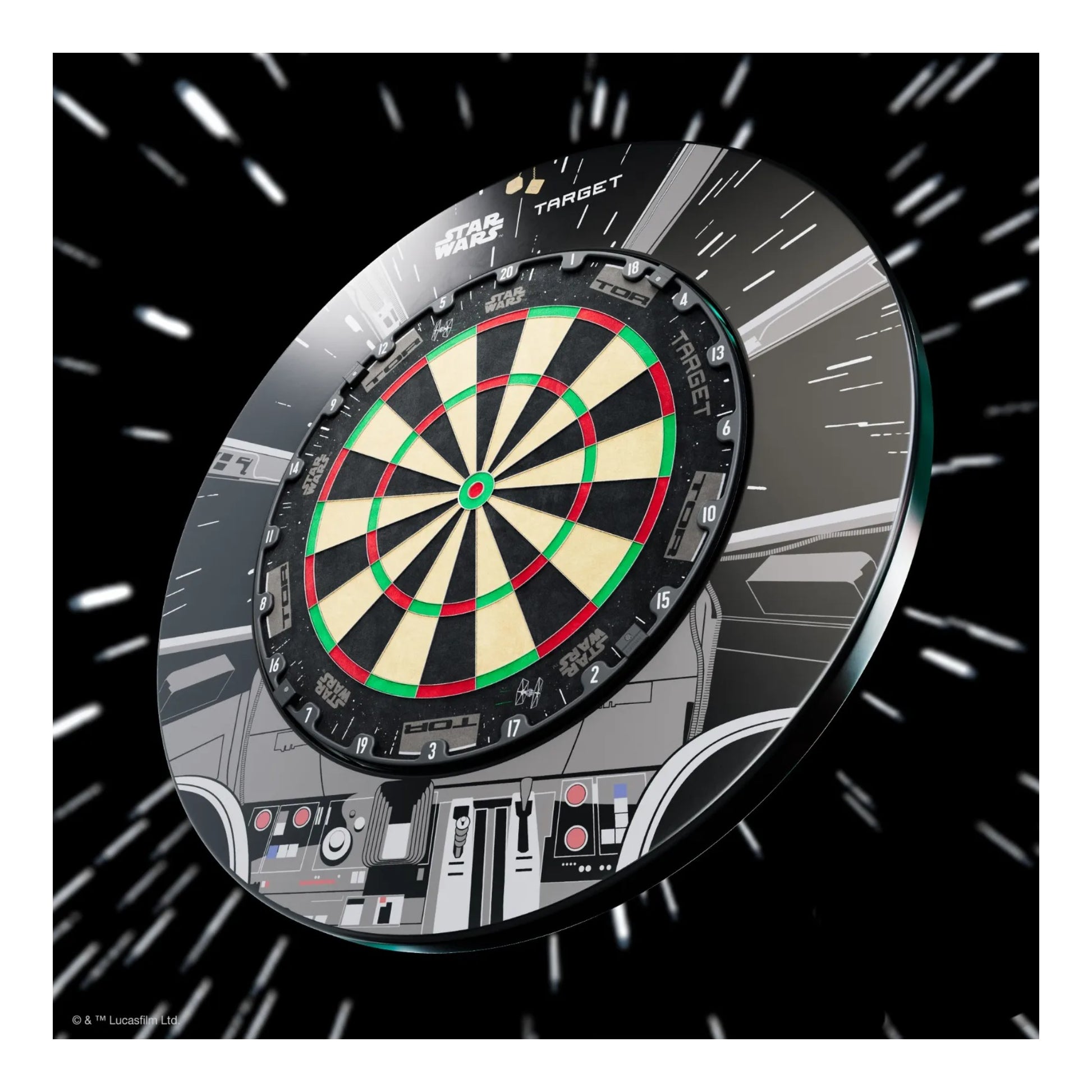 A close-up of the TOR dartboard, showing the ultra-thin wires and premium sisal, with the Falcon surround.