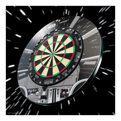 A close-up of the TOR dartboard, showing the ultra-thin wires and premium sisal, with the Falcon surround.