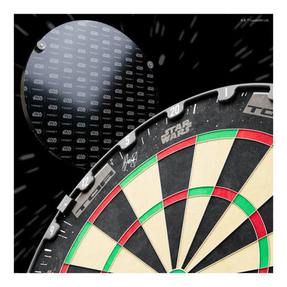 A side-angle view of the dartboard and surround, showing the depth of the high-density polymer surround.